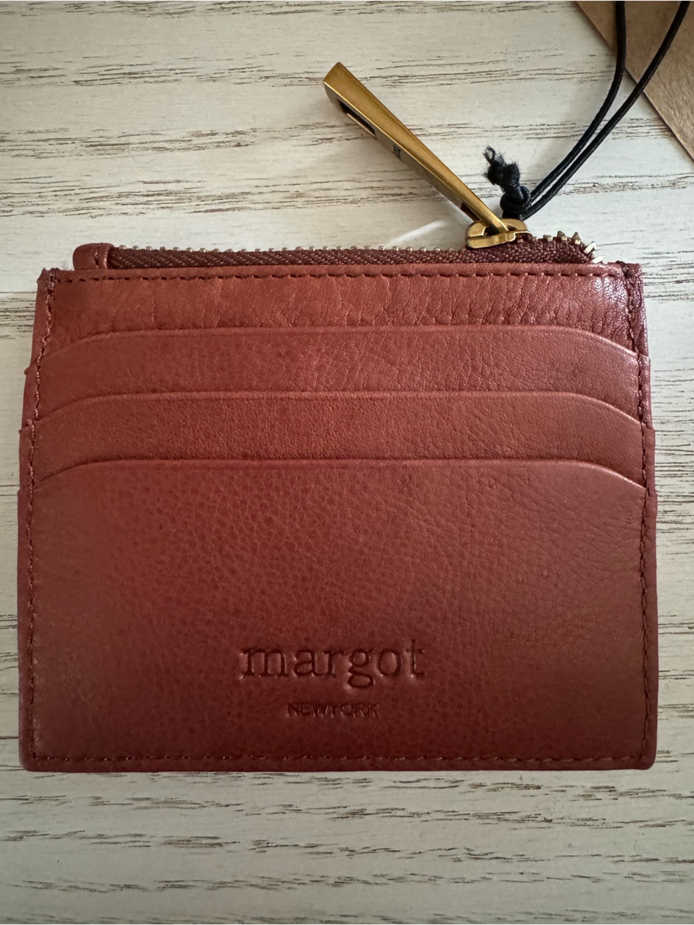 margot Leather Card Wallet in Rust Brown with Gold Zipper Pull